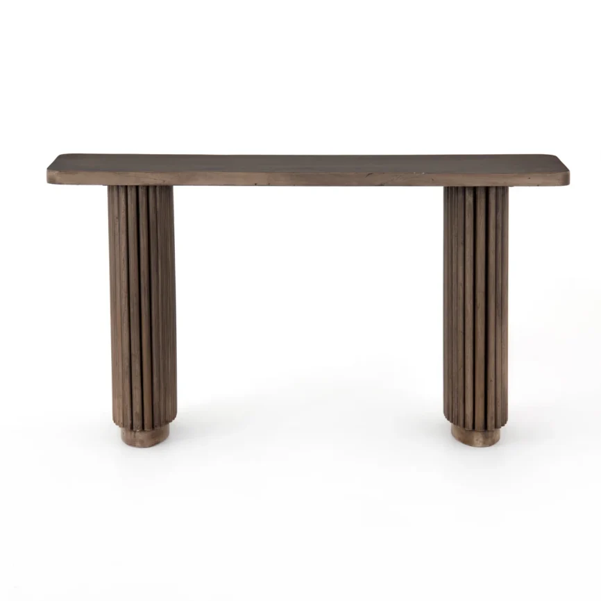 Wave solid teak console table front view