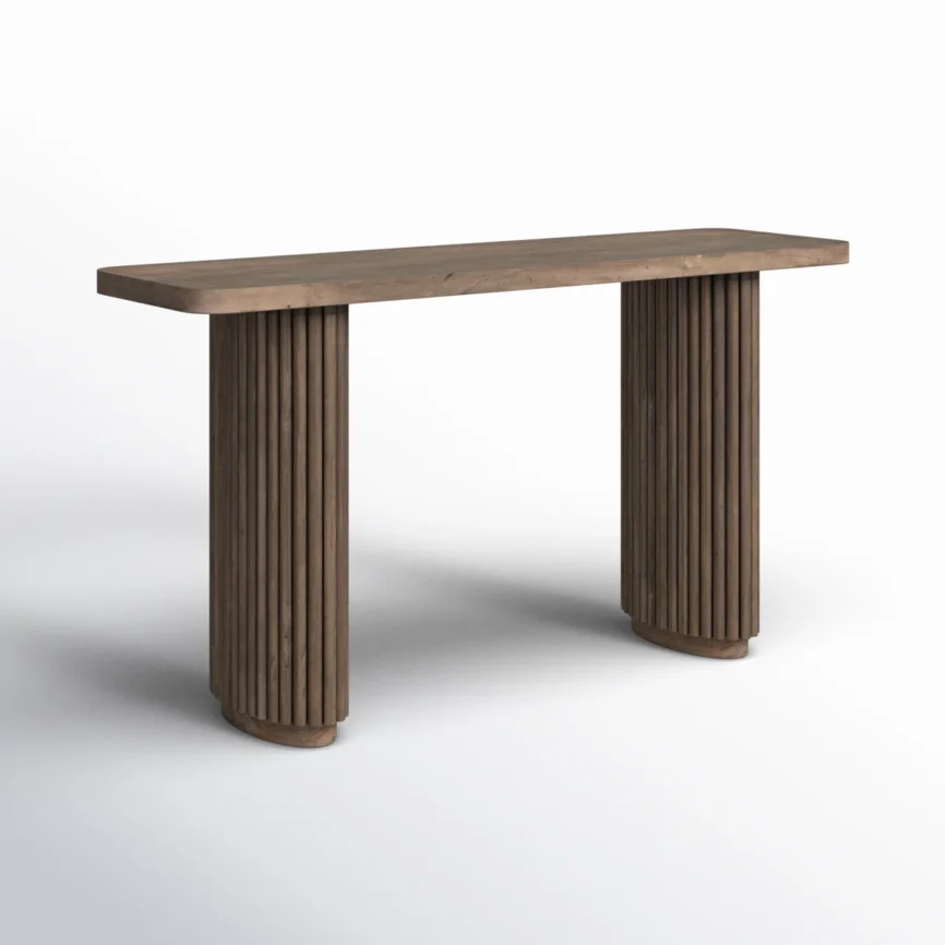 Wave solid teak console table side view