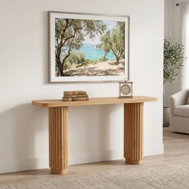 Wave solid teak console table in Natural finish, front view