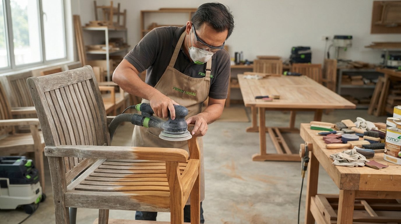 Craftsman sanding a weathered grey teak chair to restore its golden colour