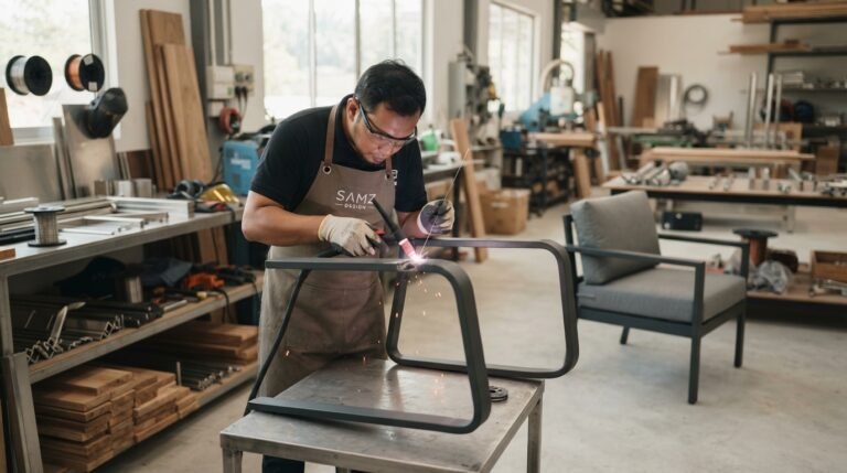 Craftsman welding an aluminium outdoor chair frame before powder coating