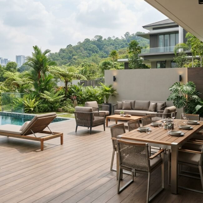 Long-lasting outdoor furniture in Malaysia: dining set and sun loungers on a poolside terrace