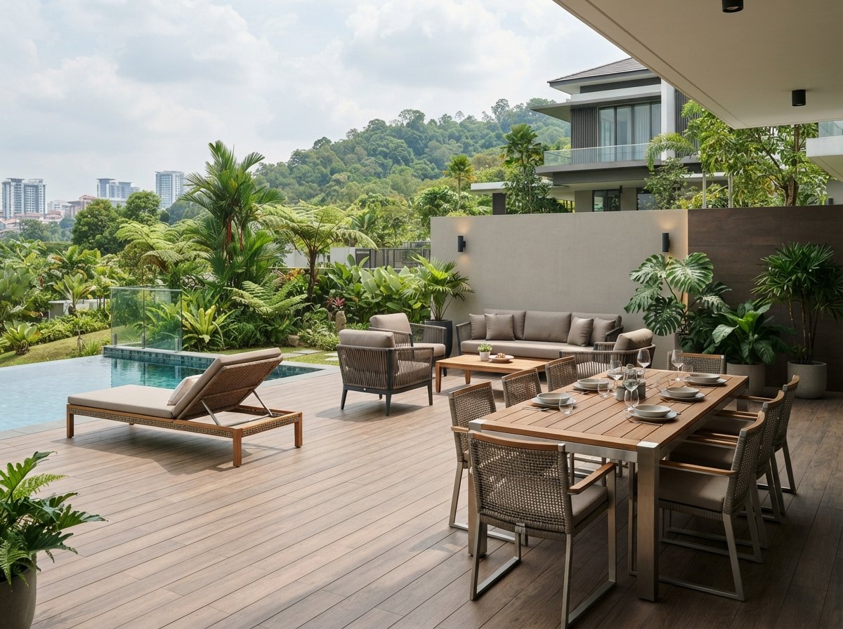 Long-lasting outdoor furniture in Malaysia: dining set and sun loungers on a poolside terrace