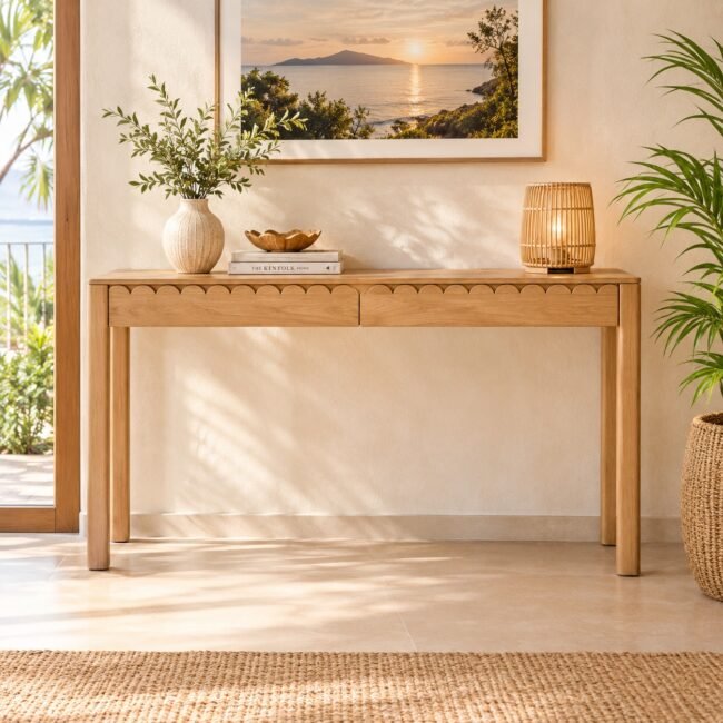 Petal Teak Wood Console Table in light oak finish by Samz Design Shah Alam