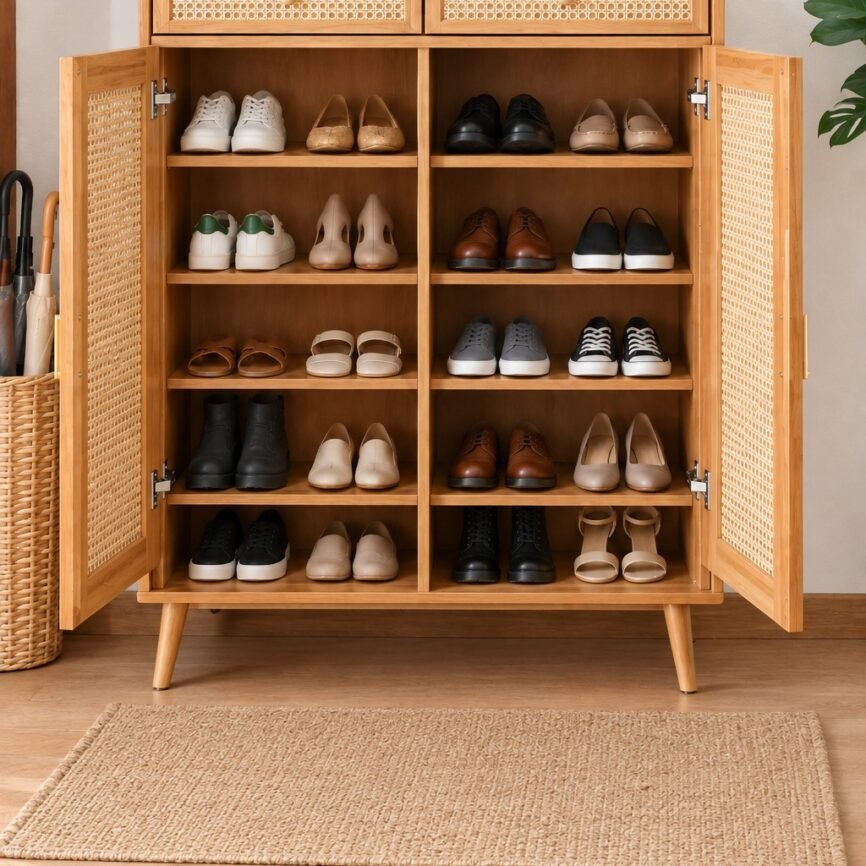 Rattan teakwood shoe rack with two drawers & teak wood storage shelves