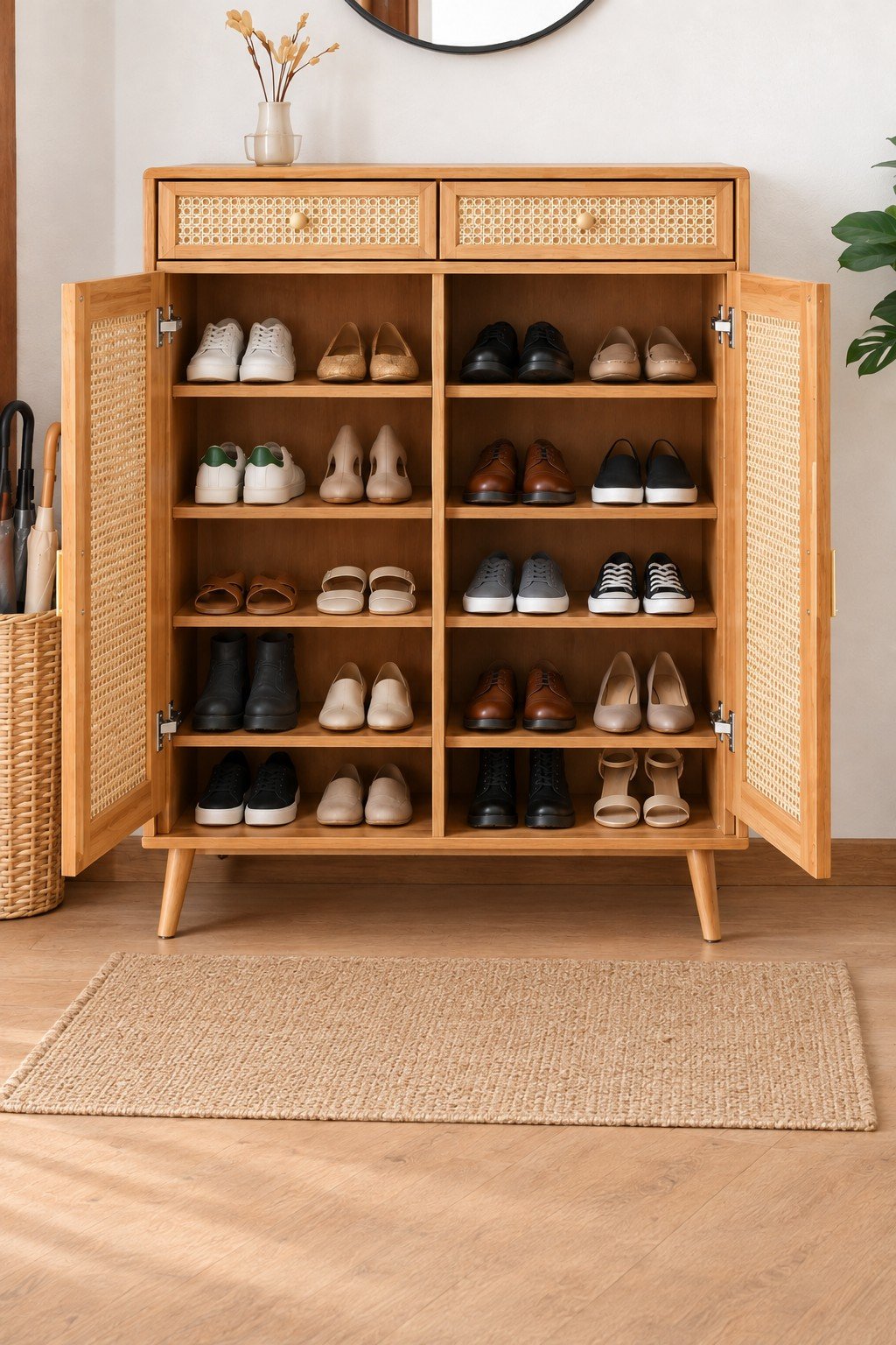 Rattan teakwood shoe rack with two drawers & teak wood storage shelves