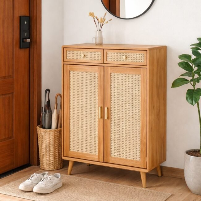 Rattan teakwood shoe rack with rattan doors and teakwood storage shelves
