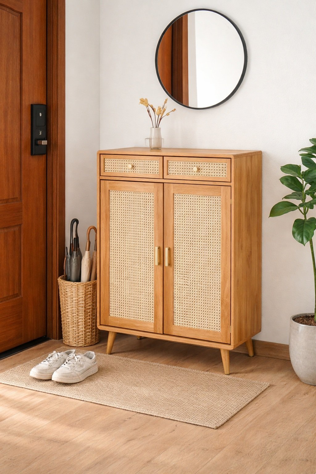 Rattan teakwood shoe rack with rattan doors and teakwood storage shelves