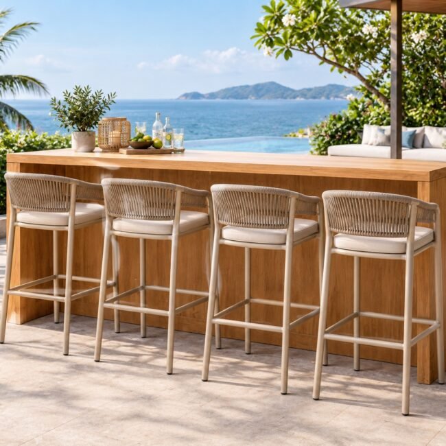 Samz teak wood bar table with four aluminium rope high stools