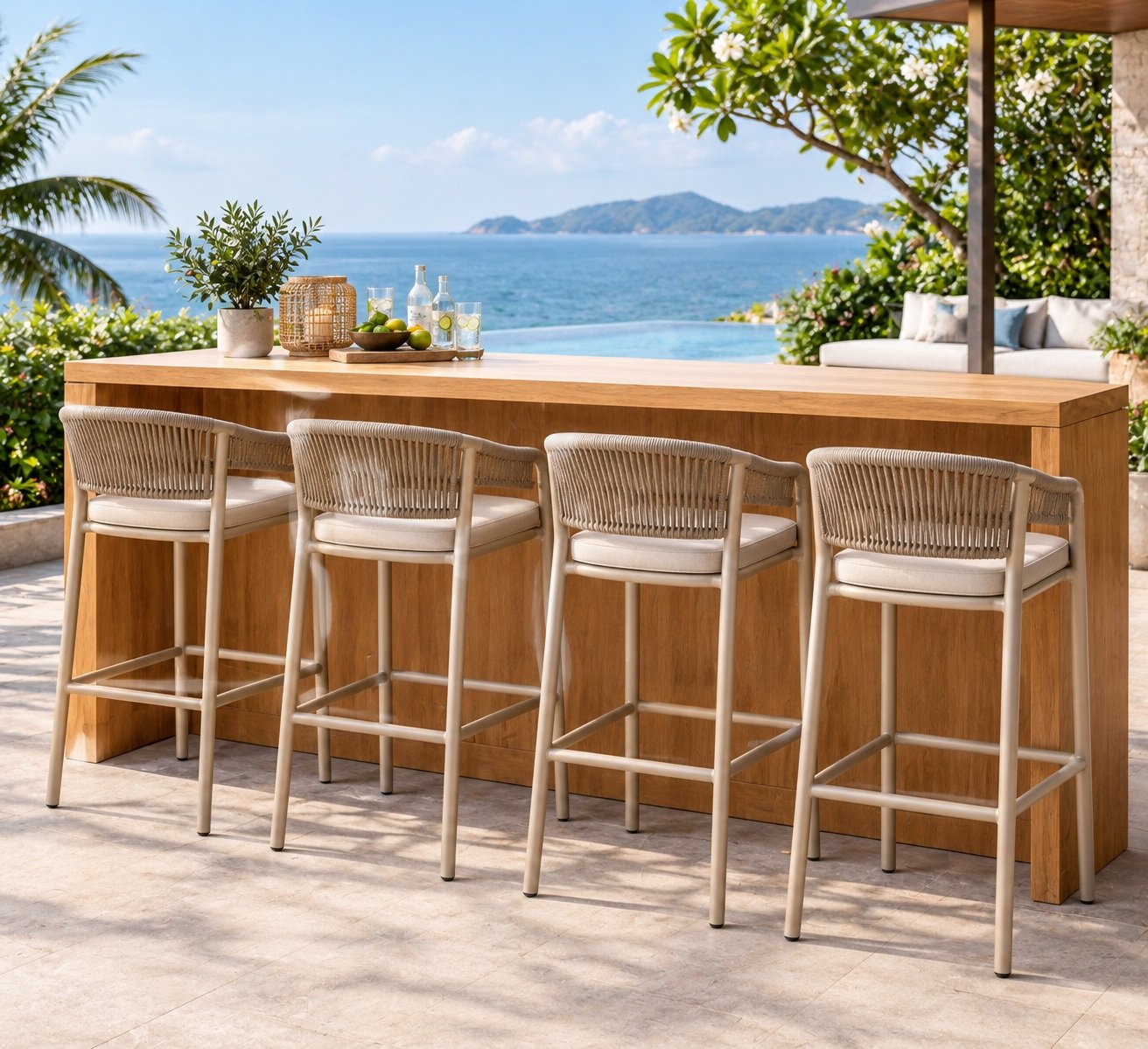 Samz teak wood bar table with four aluminium rope high stools