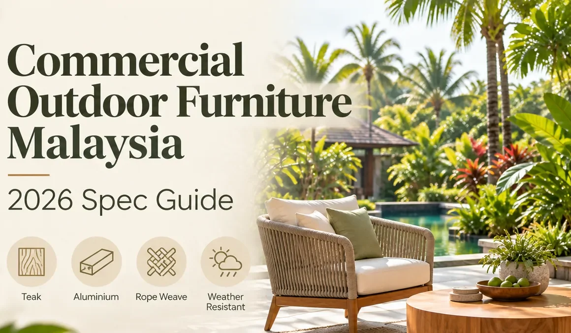 Commercial outdoor furniture Malaysia hotel terrace with rope weave lounge chairs and teak coffee table