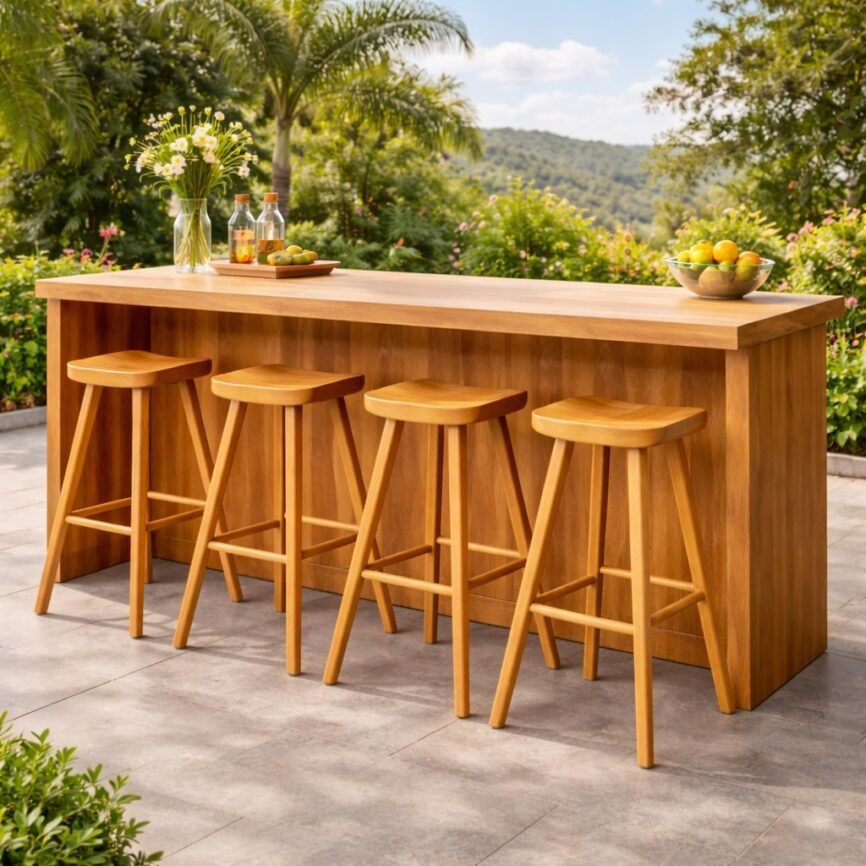 Samz teak wood bar table with four Teak Wood high stools