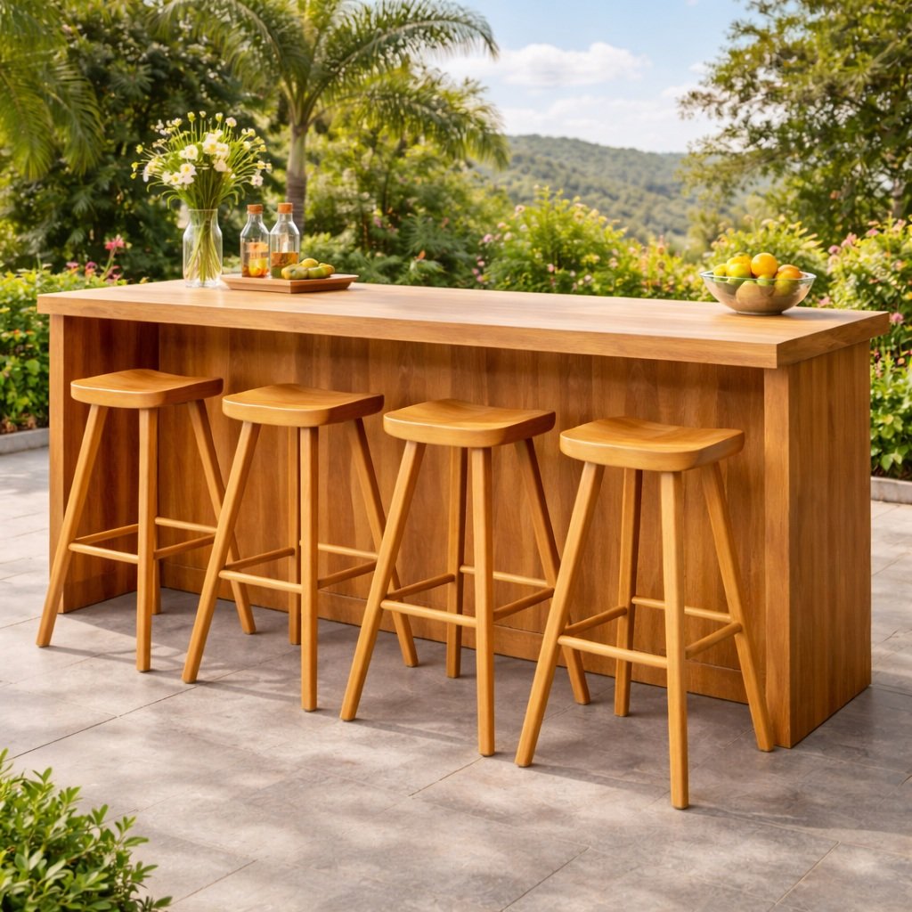 Samz teak wood bar table with four Teak Wood high stools
