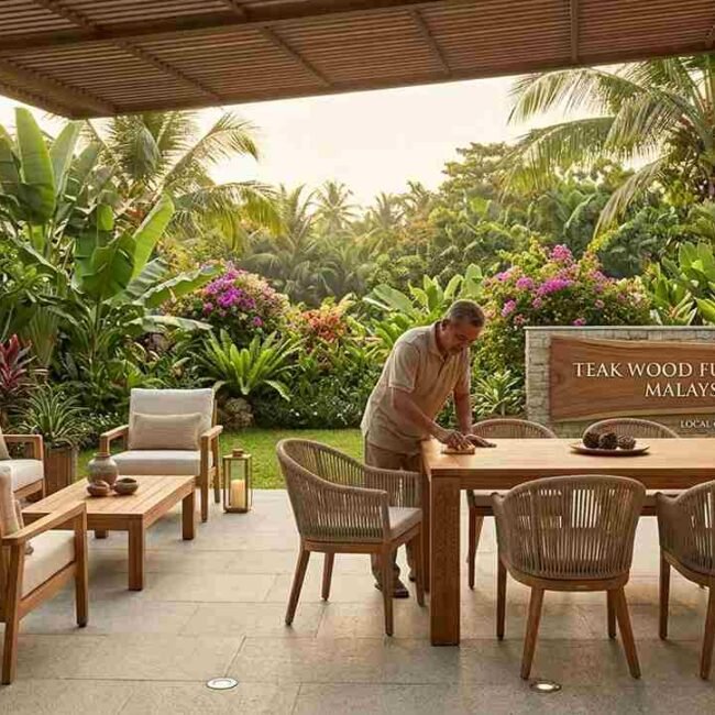 Teak wood furniture Malaysia patio setting with solid teak dining table, rope chairs and outdoor sofa set