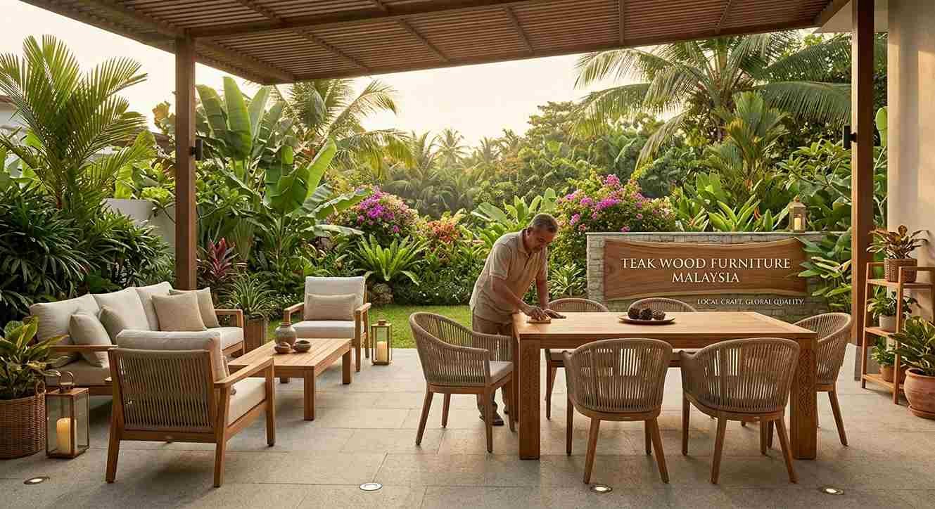 Teak wood furniture Malaysia patio setting with solid teak dining table, rope chairs and outdoor sofa set