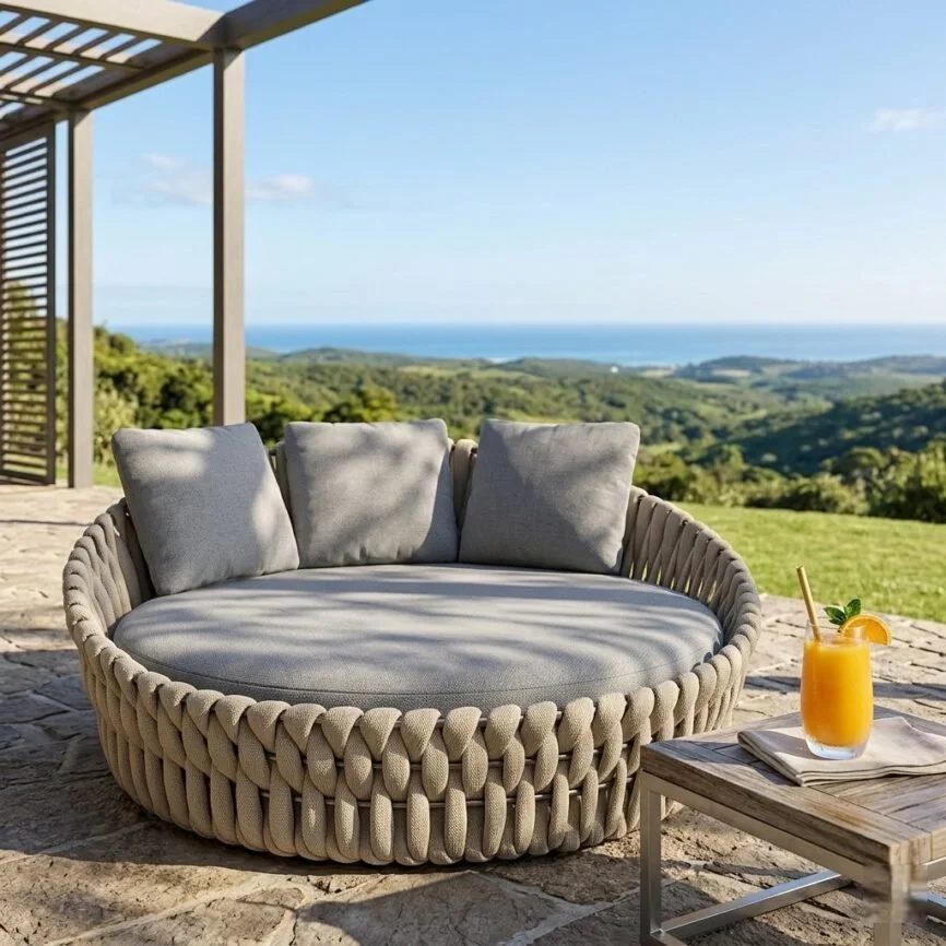 Linea rope daybed with round aluminium frame and outdoor cushions
