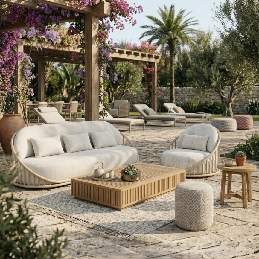 Nova Outdoor Aluminium Sofa Set featuring a 3-seater sofa and matching single seater chairs with powder-coated aluminium frame and outdoor cushions by Samz Design Shah Alam.