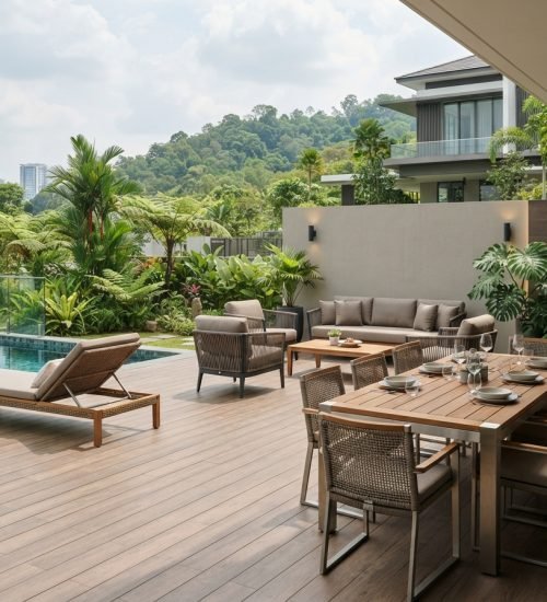 Long-lasting outdoor furniture in Malaysia: dining set and sun loungers on a poolside terrace